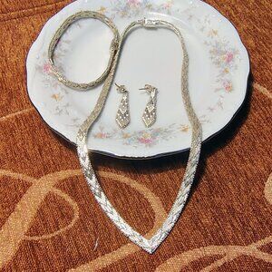 Vtg Sterling Silver 925 Woven Chevron V Necklace Bracelet Earring Set Italy